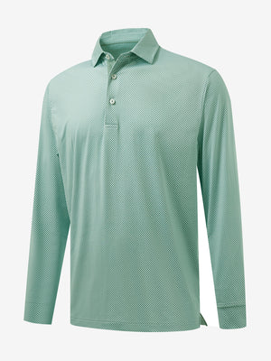 3D front view of the lightweight print long sleeve polo in green plant, modern and athletic design.