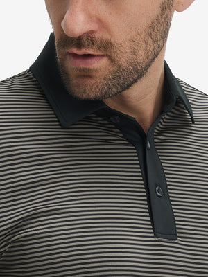 Close-up: nose to chest in black stripe upgraded two-tone striped quick dry polo shirt