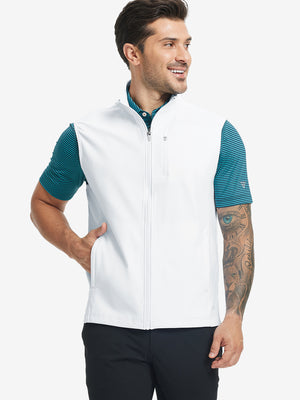 Model wearing water-resistant fleece golf vests, hand in side pocket, relaxed fit in white