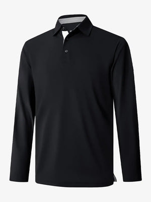 3D view of the blue long sleeve pique polo, highlighting its vibrant color and sleek design.