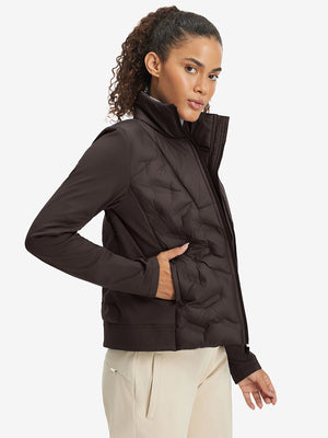 Model wearing women's lightweight fleece-lined puffer jacket, coffee brown, front upper-body look.