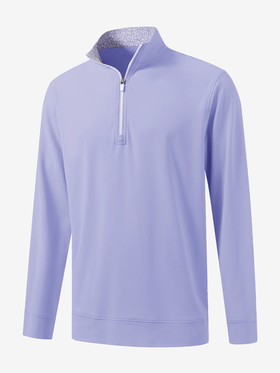 3D front view of the lightweight golf quarter zip pullover in lavender, clean and athletic design.
