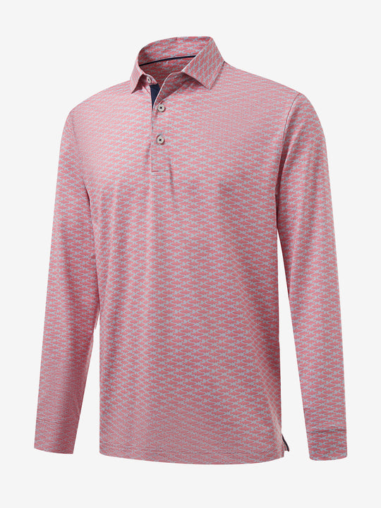 3D front view of the lightweight print long sleeve polo in pink small fish, modern and athletic design.