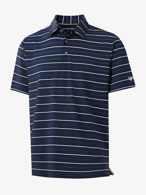 Front 3D view of trendy boys stripe polo shirts, clean structure and modern navy stripe look