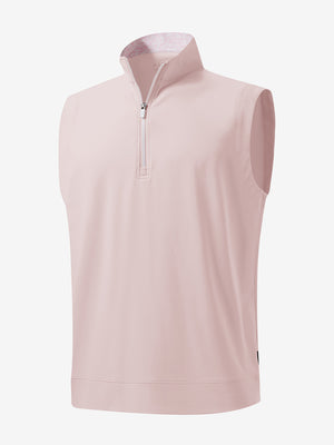 3D front view of the print collar quarter zip golf vest in light pink, sleek and sporty design.
