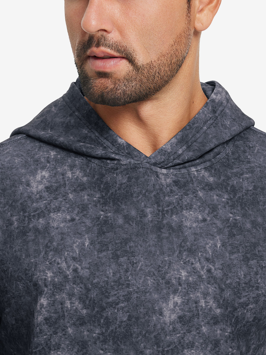 Close-up of neckline and drawstring area of the exclusive print kangaroo hoodies in navy.