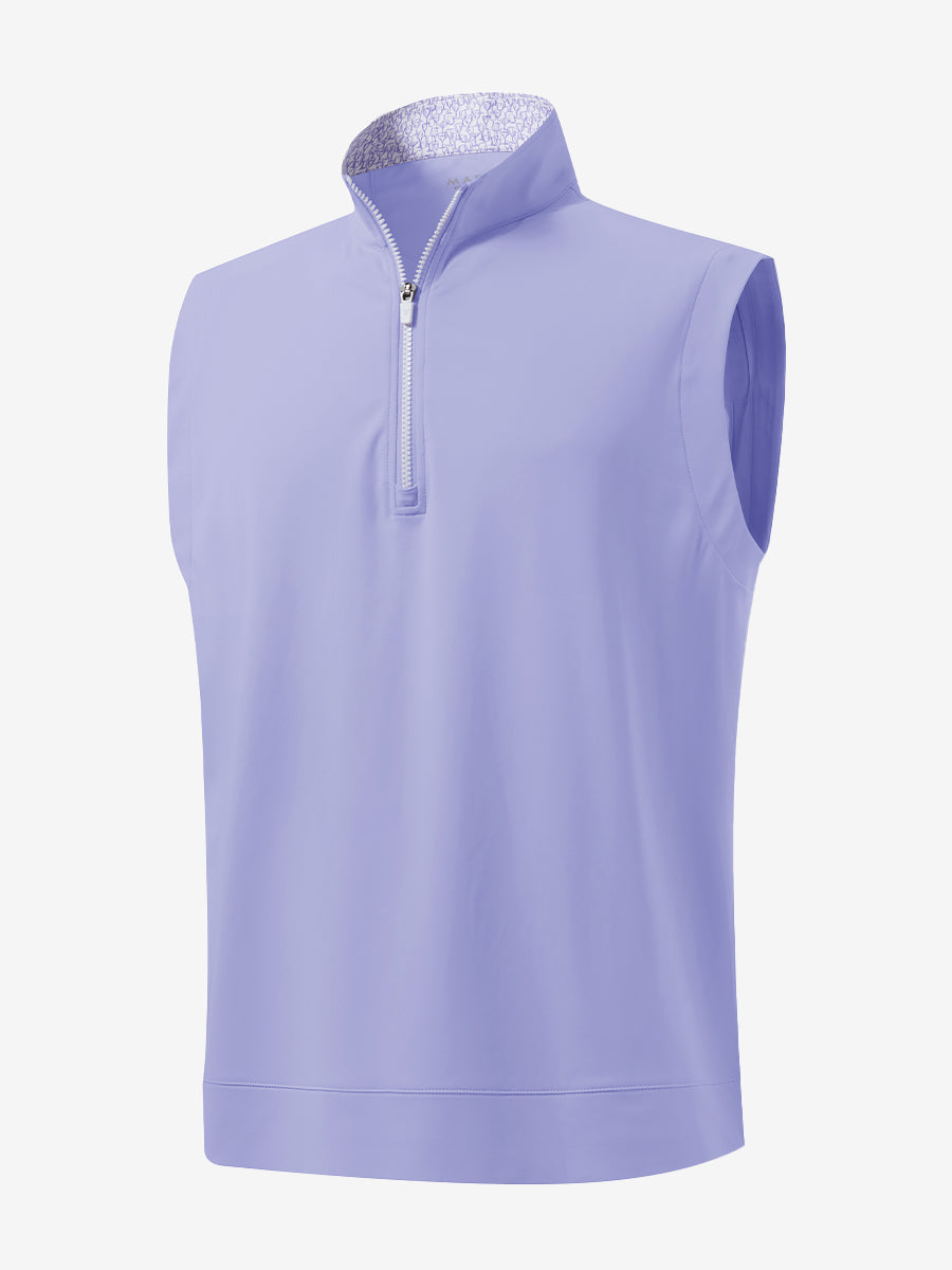 3D front view of the print collar quarter zip golf vest in lavender, sleek and sporty design.