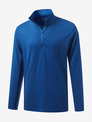Front 3D view of jacquard quarter zip pullover in cobalt, showing its textured fabric design.
