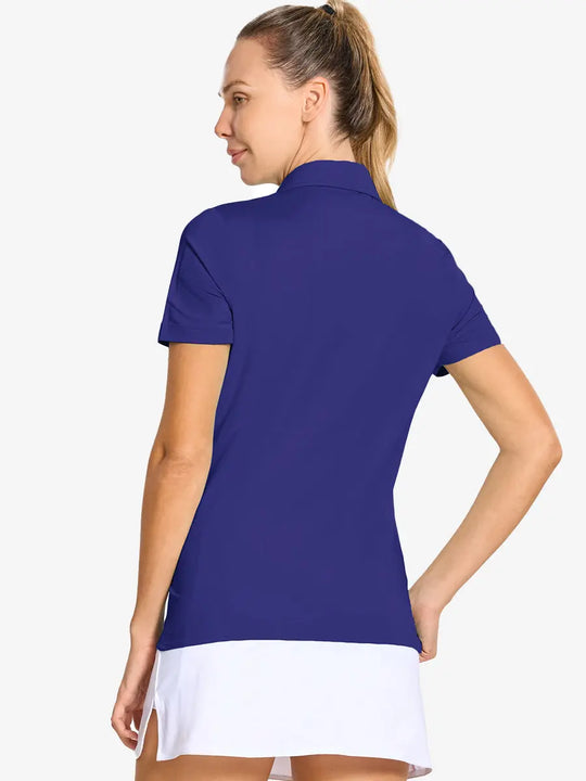Back-side half-body shot of model in KLEIN BLUE Women's Performance Solid Polo, looking over shoulder