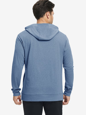 Back upper body view of the colony blue melange classic heather hoodie, model turns head slightly with ease.