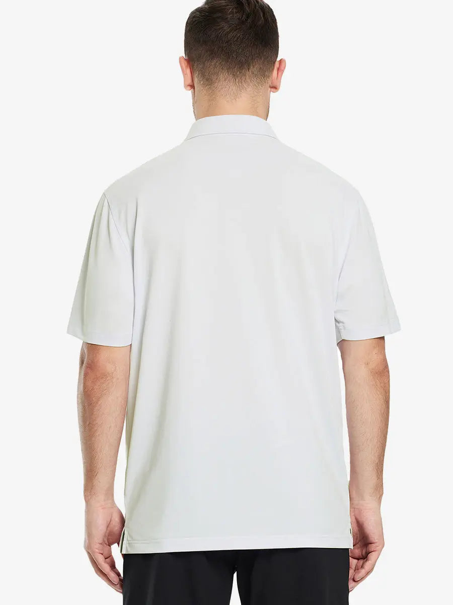 Back view half-body of model in CREAM Ventilated Pique Performance Polo