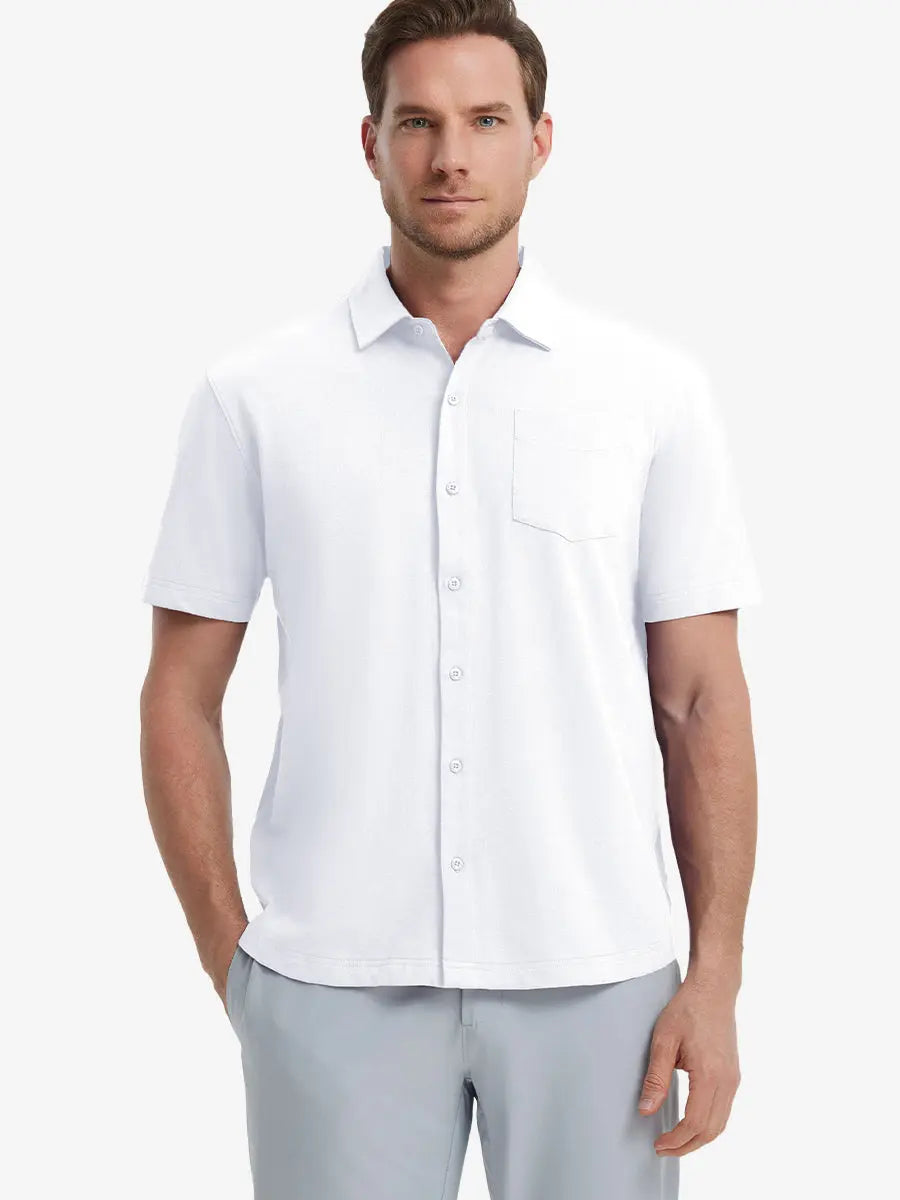 Model half-body front view wearing WHITE Cotton Blend Plain Shirt.
