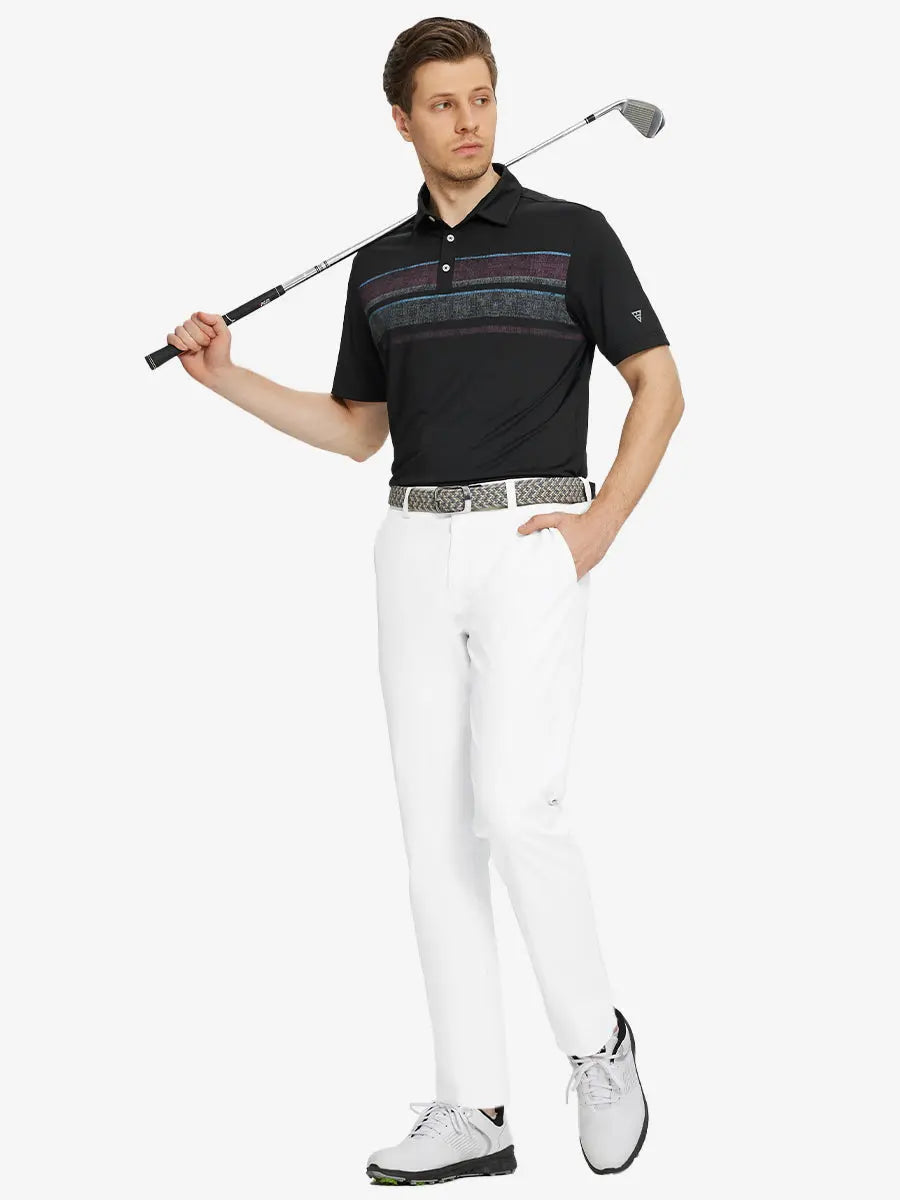 Full body front view of model wearing WHITE Water Resistant Everyday Pants, holding a golf club
