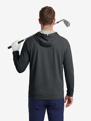 Model back upper body display shot, heather midlayer golf hoodies in black heather