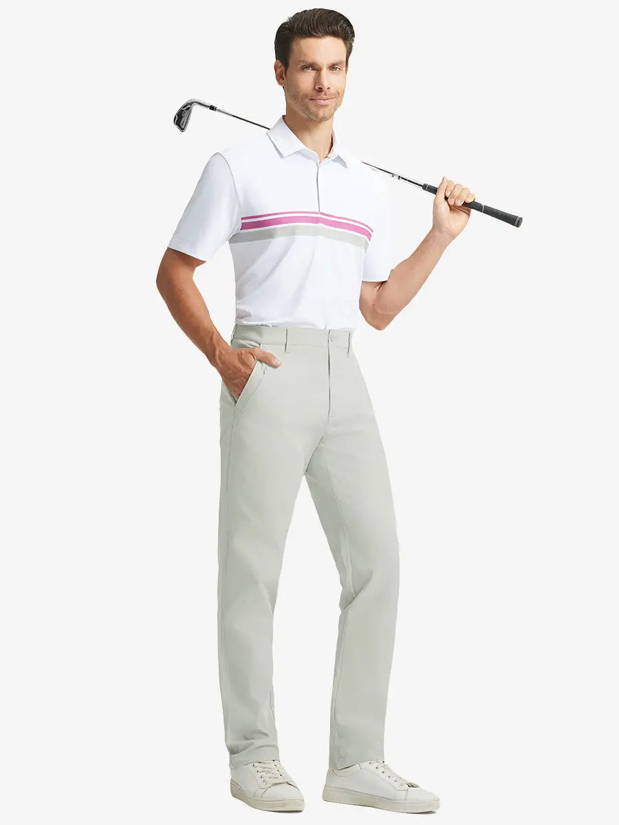 Full front view of model in Water Repellent 8 Pockets Pants SILVER GREY，showing fabric texture and fit.，ready for golf with club in hand.