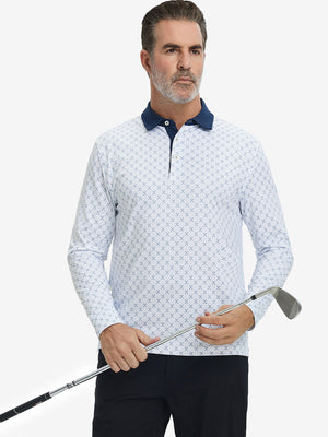 Model holding golf club, wearing lightweight print long sleeve polo in white nav clue, casual sporty fit.