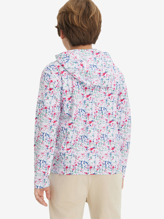 Back upper body view of model wearing youth full print stylish hoodies pullover, white painting.