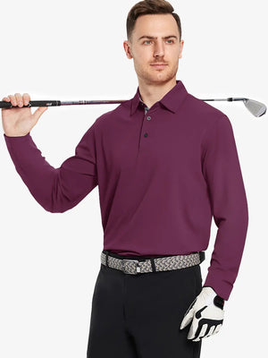 Model showcasing the bordeaux red long sleeve pique polo, holding a golf club, highlighting its elegant design.