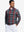 Front upper body of model wearing full print lightweight quarter zip pullover in redblack check