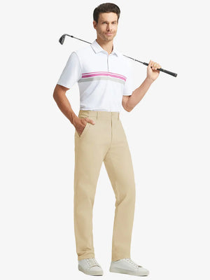 Full front view of model in Water Repellent 8 Pockets Pants LIGHT KHAKI，showing fabric texture and fit.，ready for golf with club in hand.