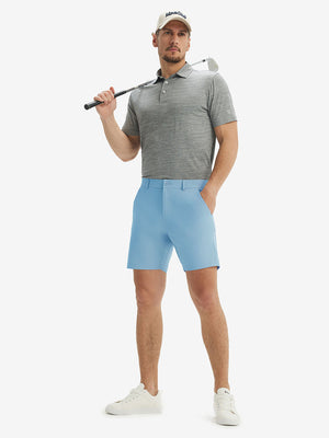 Full-body front view of model wearing the light blue stretch soft flat front dress golf shorts for a complete look