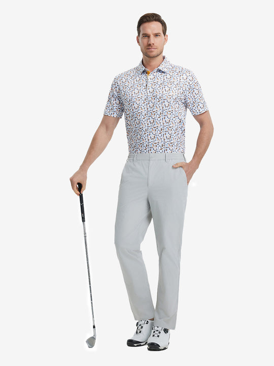 Full front view of model in Performance Water Resistant Pants SILVER GREY，ready for golf with club in hand.
