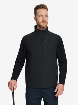 Model holding a golf club, wearing windproof golf vests with zip pockets in black