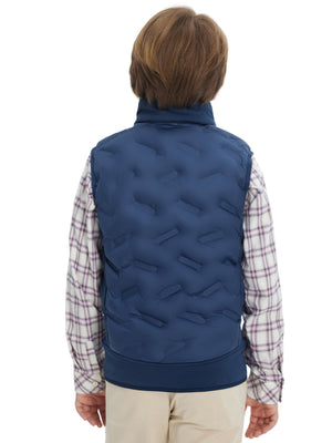 Back view of boys full-zip fleece-lined puffer vest showing smooth fleece texture in dark blue