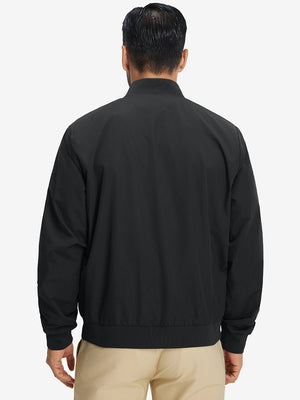 Back view of casual windproof bomber jacket on model, showcasing black detail and shape