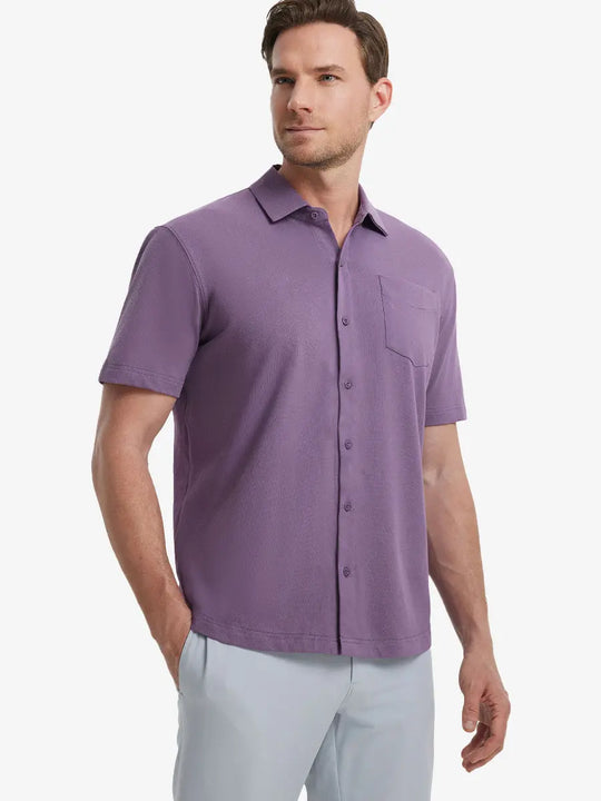 Model half-body front view wearing PURPLE Cotton Blend Plain Shirt.