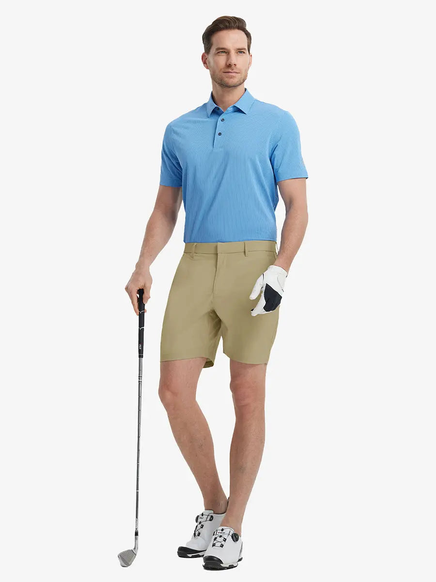 Full-body front shot of model holding golf club, wearing Player Fit Versatile Solid Shorts 7 Inch – KHAKI