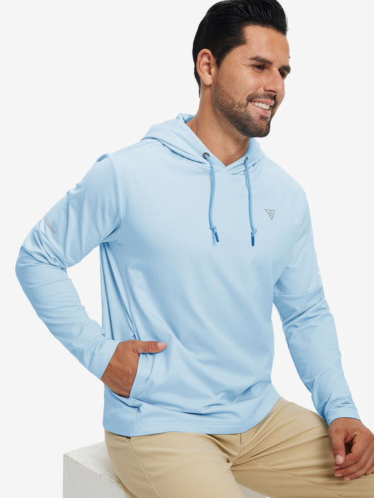 Model sitting with one hand in pocket wearing casual solid fleece hoodies pullover in light blue.