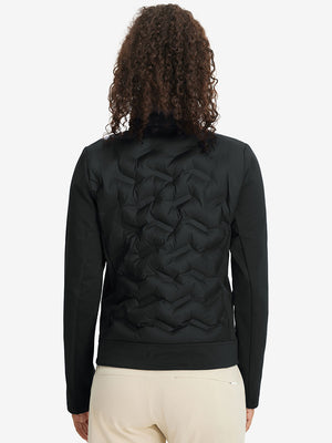Back upper-body view of women's lightweight fleece-lined puffer jacket on model in black.