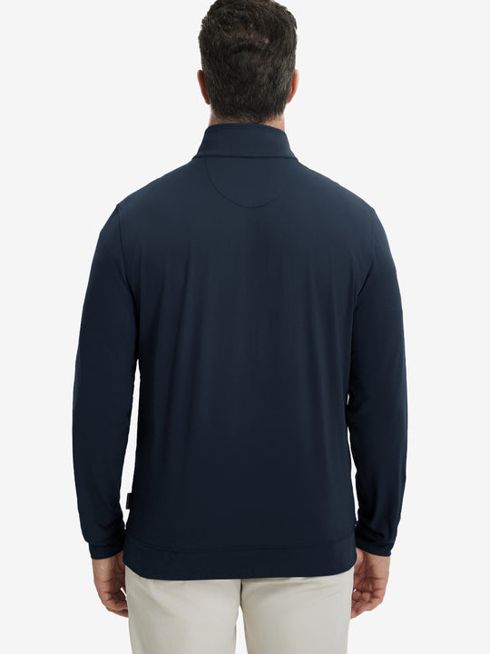 Back upper body view of the navy lightweight golf pullover, model turns head slightly with ease.
