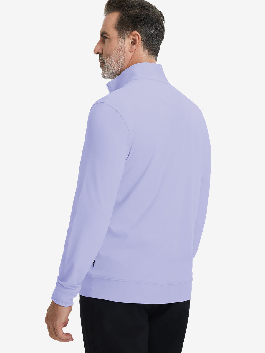 Back upper body view of the lavender lightweight golf pullover, model turns head slightly with ease.