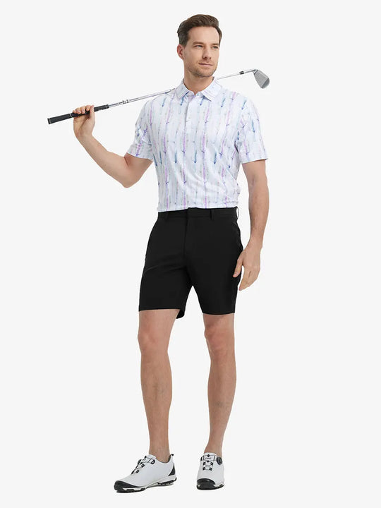 Full-body front shot of model holding golf club, wearing Player Fit Versatile Solid Shorts – BLACK