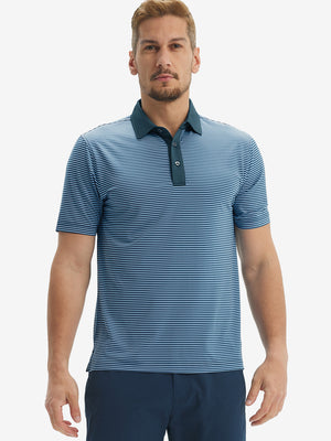 Front half-body of model in blue denim stripe upgraded two-tone striped quick dry polo shirt