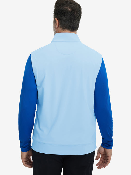 Back upper body view of the light blue print collar quarter zip golf vest, clean cut and relaxed posture.