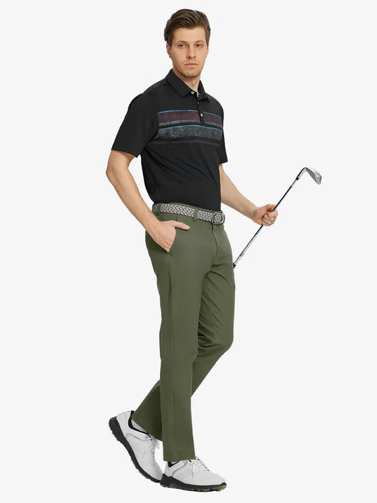 Full body front view of model wearing OLIVE GREEN Water Resistant Everyday Pants, holding a golf club