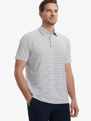 Model in Dark Grey Neutral Grey Performance Stripe Golf Shirt – front half-body pose