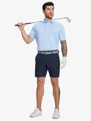 Full-body front view of model holding golf club wearing NAVY Water Resistant Versatile 8 Pockets Shorts.