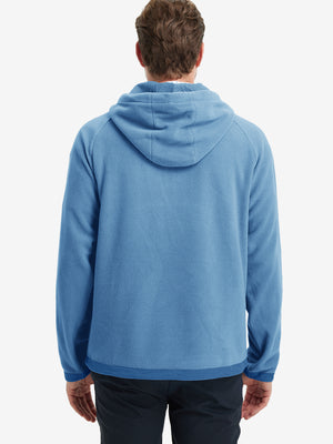 Back angle of the Polar Fleece Sweatshirt in Misty Blue, model turns head slightly for casual style.
