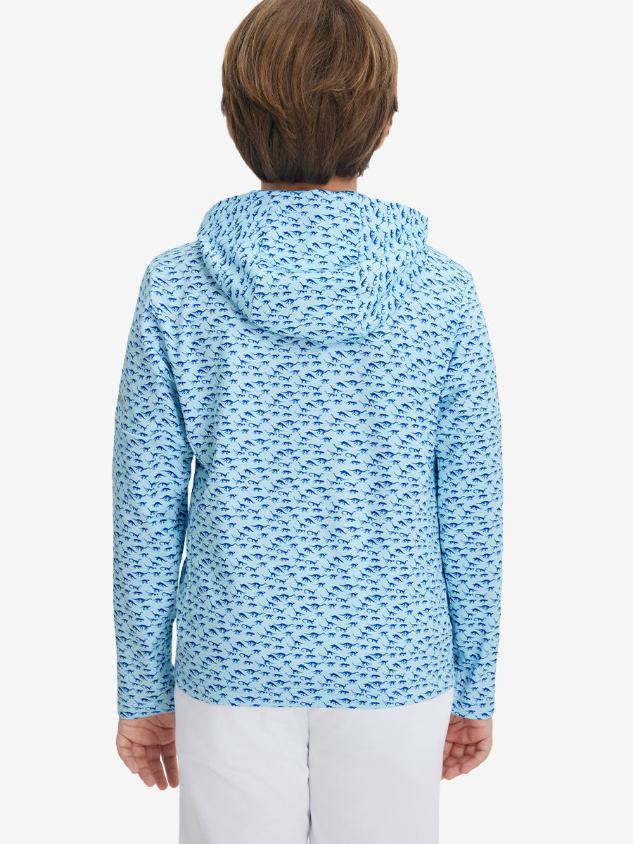 Back upper body view of model wearing youth full print stylish hoodies pullover, blue dinosaur.