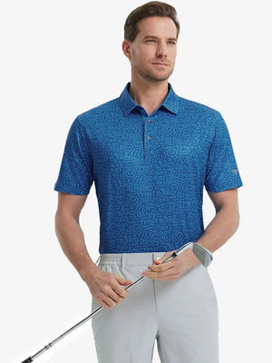 MAELREG Men's Performance Jersey Print Polo in Blue Graffiti – front half-body with golf pose