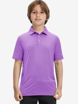 Front half-body shot of youth in lilac stripe performance cooling polo, highlighting design and fit