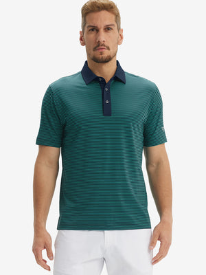 Front half-body of model in turquoise stripe upgraded two-tone striped quick dry polo shirt