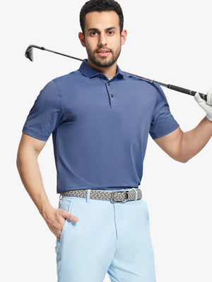 Model in BLUE DENIM STRIPE Pinstripe Jersey Performance Polo holding golf club, front half-body view								
