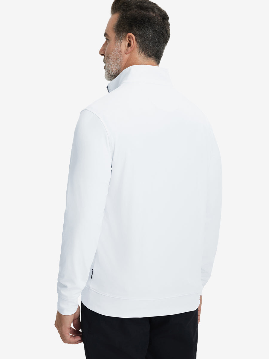 Back upper body view of the white lightweight golf pullover, model turns head slightly with ease.