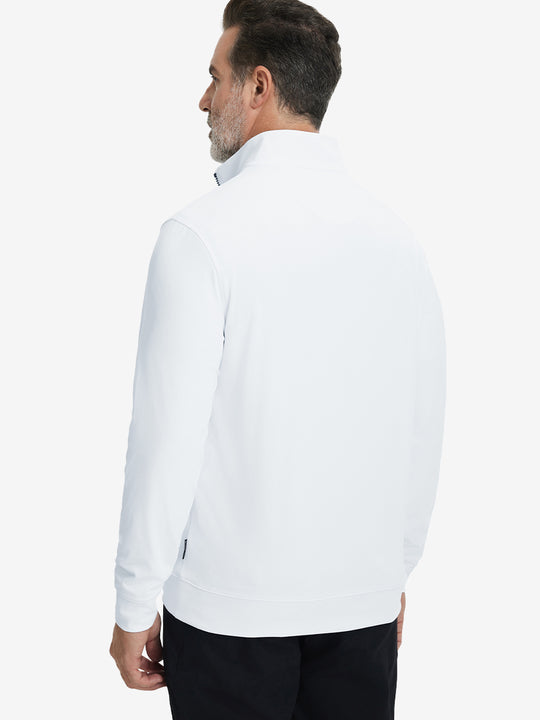 Back upper body view of the white lightweight golf pullover, model turns head slightly with ease.