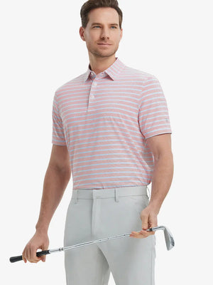 Model wearing Red Blue Stripe Performance Stripe Golf Shirt – front half-body pose